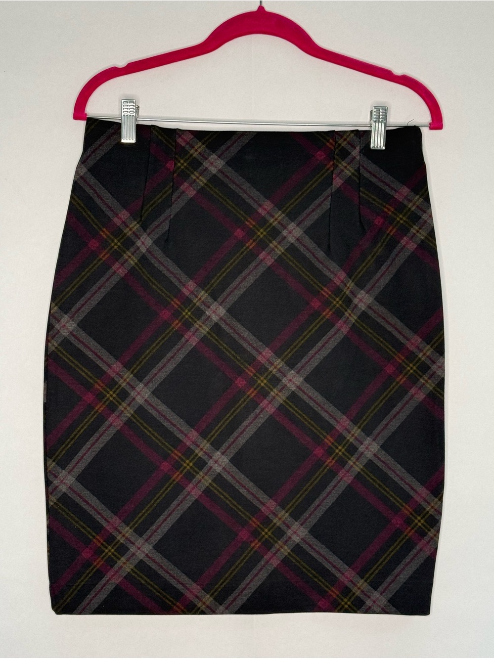 Premise Black Plaid Pencil Skirt with Burgundy and Olive Stripes